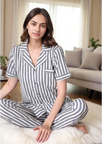 Kadın Çizgili Gri Renk Gömlek Pantolon Pijama Takımı