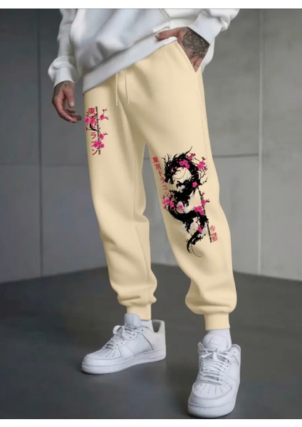 Büyük Beden Özel Tasarım Dragoon Baskılı %100 Pamuk Kışlık Japon Stil Erkek Eşofman Altı