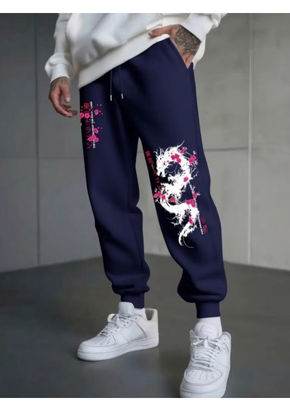 Büyük Beden Özel Tasarım Dragoon Baskılı %100 Pamuk Kışlık Japon Stil Erkek Eşofman Altı