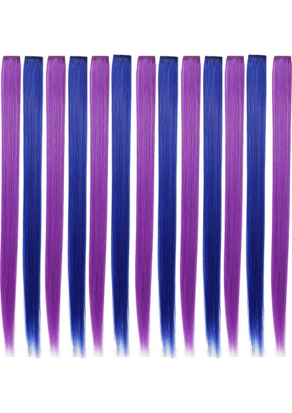 13 Adet Renkli Parti Saç Uzatmalarında Renkli Klipsi Vurgular 55CM Düz Sentetik Saç Parçaları Mor + Mavi (Yurt Dışından)