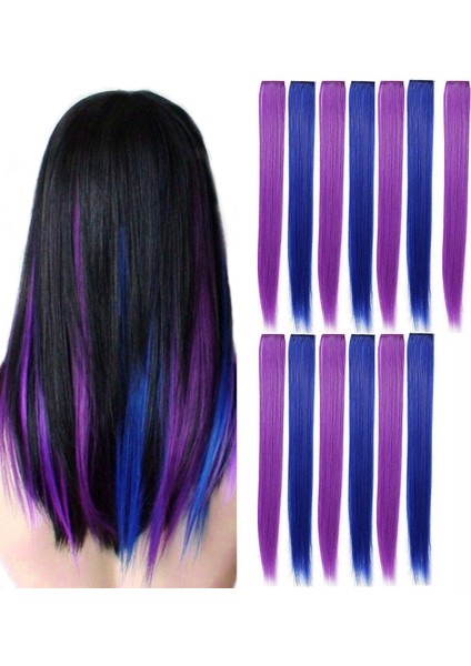13 Adet Renkli Parti Saç Uzatmalarında Renkli Klipsi Vurgular 55CM Düz Sentetik Saç Parçaları Mor + Mavi (Yurt Dışından) fiyatları