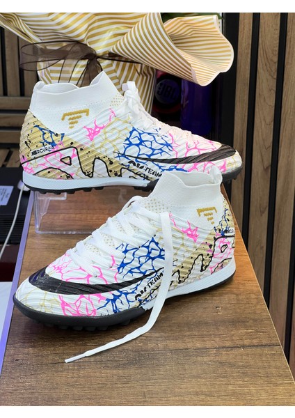 Erkek Likralı Çoraplı Halısaha Spor Ayakkabı- Beyaz Altın