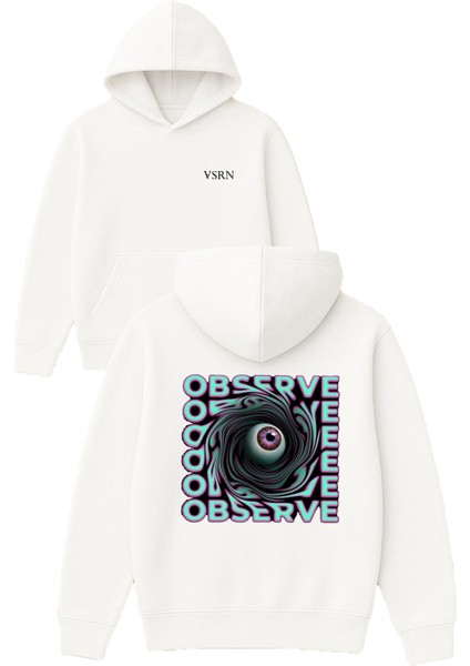 Observe Tasarım Baskılı Oversize Beyaz Kapüşonlu Sweatshirt