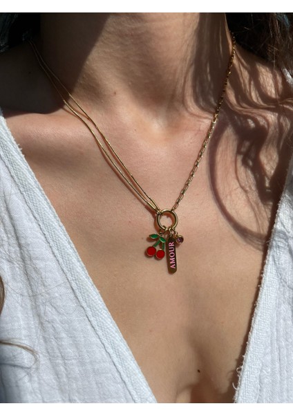 Cherry Zincir Tasarımlı Gold Çelik Kolye