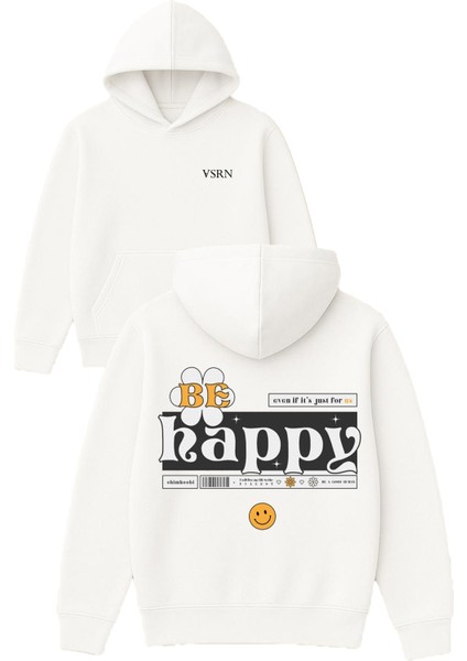 Be Happy Tasarım Baskılı Oversize Beyaz Kapüşonlu Sweatshirt