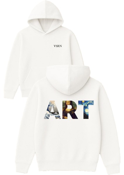 Art Tasarım Baskılı Oversize Beyaz Kapüşonlu Sweatshirt