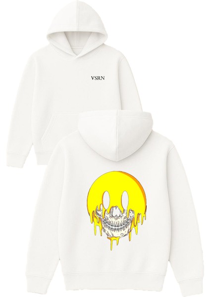 Emoji Kafatası Tasarım Baskılı Oversize Beyaz Kapüşonlu Sweatshirt