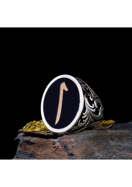 925 Ayar Gümüş Siyah Mine Üzerine Elif Yazılı Erkek Yüzük fiyatları