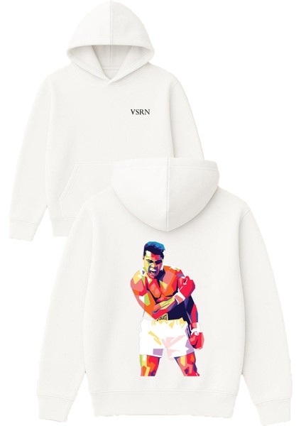 Champıon Muhammed Ali Tasarım Baskılı Oversize Beyaz Kapüşonlu Sweatshirt