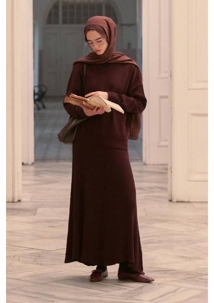 Fitilli Triko Etekli Takım Mürdüm modelleri