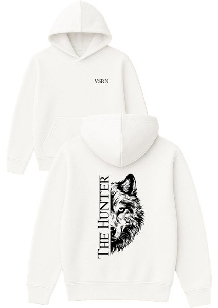 The Hunter Tasarım Baskılı Oversize Beyaz Kapüşonlu Sweatshirt