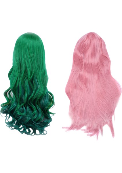 2 Adet Düz Cosplay Peruk Çok Renkli Isı Tam Esnek Peruklar - 80 cm Uzunluğunda Pembe ve 68CM Uzunluğunda Koyu Yeşil (Yurt Dışından)