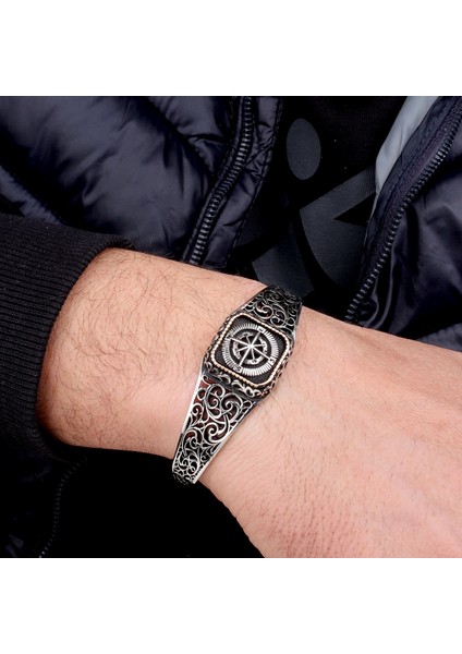 925 Ayar Gümüş Pusula Model Otantik Motif Erkek Bileklik modelleri