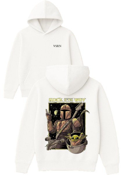 Rock Is The Way Tasarım Baskılı Oversize Beyaz Kapüşonlu Sweatshirt
