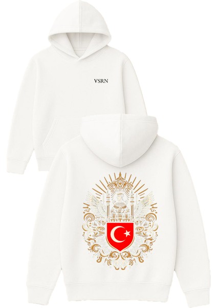 Osmanlı Tasarım Baskılı Oversize Beyaz Kapüşonlu Sweatshirt
