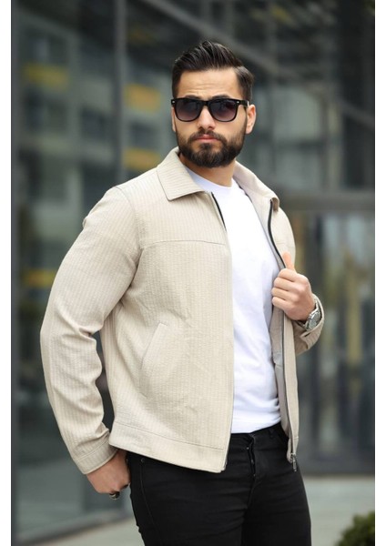 Dokulu Kendinden Çizgili Mevsimlik Ceket