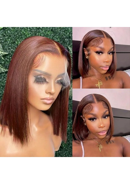 14 Inç Koyu Kahverengi Bob Wig Insan-Saç Ön Dantel Peruk Kadın Peruk Için Düz Sentetik Peruk (Yurt Dışından) modelleri