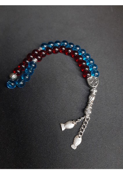 Mryart Bordo Mavi Cam Boncuklar ile Tasarlanmış Balık Detaylı Taraftar Tesbih