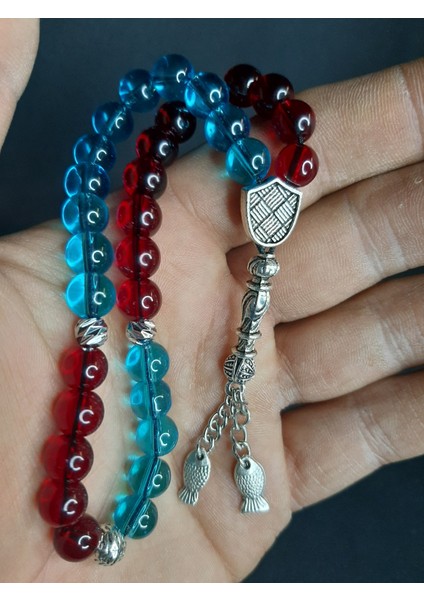 Mryart Bordo Mavi Cam Boncuklar ile Tasarlanmış Balık Detaylı Taraftar Tesbih fiyatları