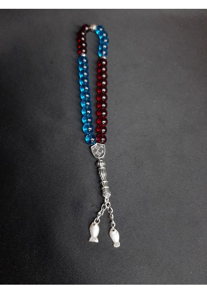 Mryart Bordo Mavi Cam Boncuklar ile Tasarlanmış Balık Detaylı Taraftar Tesbih modelleri