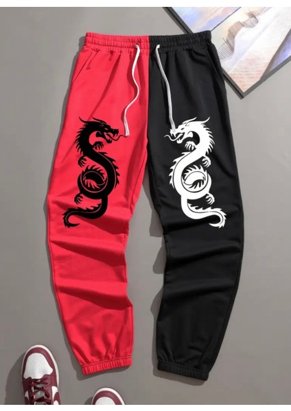 Büyük Beden Özel Tasarım Ejderha Baskılı Çift Renk Kışlık 3 Iplik Japon Stil Erkek Eşofman Altı