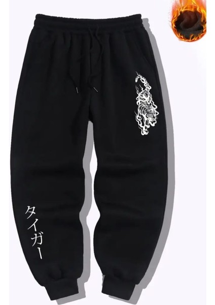 Punıx Büyük Beden Japon Stil Yazı Baskılı Özel Tasarım Kalın Kışlık 3 Iplik Battal Erkek Eşofman Altı