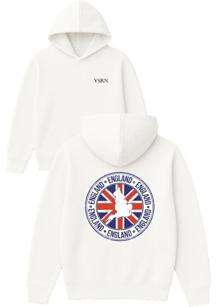 England Tasarım Baskılı Oversize Beyaz Kapüşonlu Sweatshirt