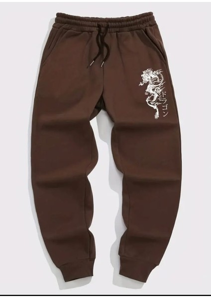Punıx Büyük Beden Japon Stil Ejderha Baskılı Kalın 3 Iplik Kışlık Ribana Paça Erkek Battal Eşofmanaltı