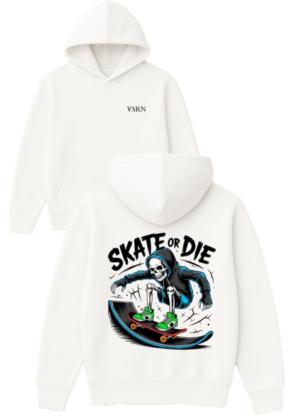 Skate Or Dıe Tasarım Baskılı Oversize Beyaz Kapüşonlu Sweatshirt