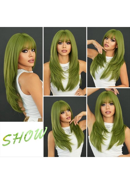 Peruk Uzun Düz Yeşil Sentetik Peruk Patlamalı Düz Orta Uzun Süreli Kalp Karşıtı Kadın Partisi Cosal Peruk (24 Inç) (Yurt Dışından) fırsatları
