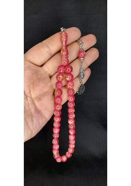 Altın Varaklı Uçak Camı Tesbih Pembe Renkli Küre Kesim T-446 fırsatları