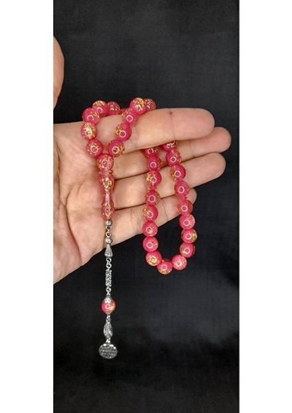Altın Varaklı Uçak Camı Tesbih Pembe Renkli Küre Kesim T-446