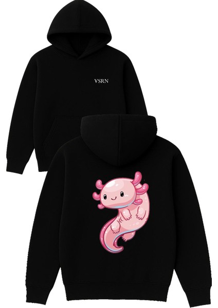 Pembe Semenderi Tasarım Baskılı Oversize Siyah Kapüşonlu Sweatshirt