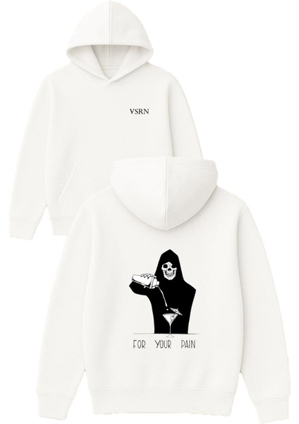 For Your Paın Tasarım Baskılı Oversize Beyaz Kapüşonlu Sweatshirt