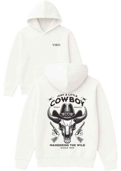 Just A Lıttle Cowboy Tasarım Baskılı Oversize Beyaz Kapüşonlu Sweatshirt
