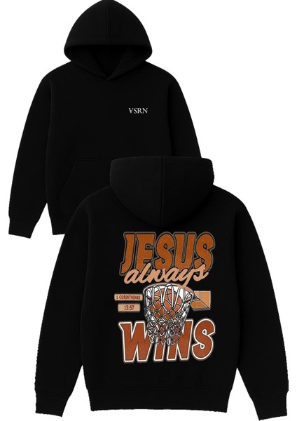 Jesus Wıns Tasarım Baskılı Oversize Siyah Kapüşonlu Sweatshirt