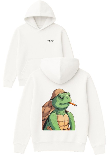 Asker Kaplumbaga Tasarım Baskılı Oversize Beyaz Kapüşonlu Sweatshirt
