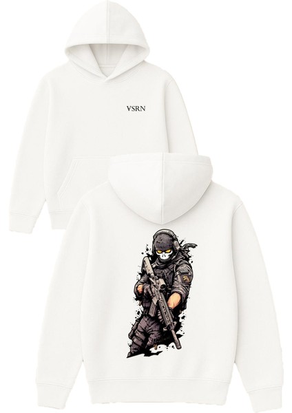 Asker Tasarım Baskılı Oversize Beyaz Kapüşonlu Sweatshirt