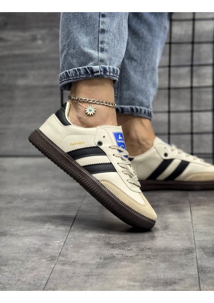 Bağcıklı Unisex Spor Sneaker Ayakkabı-Bej-Siyah