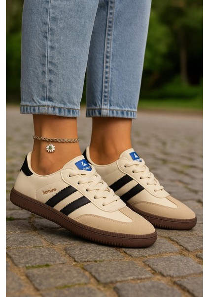 Bağcıklı Unisex Spor Sneaker Ayakkabı-Bej-Siyah indirimleri