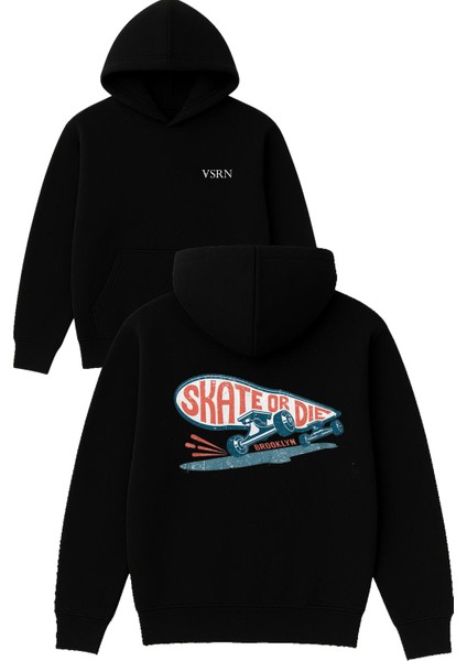 Skate Or Dıe Tasarım Baskılı Oversize Siyah Kapüşonlu Sweatshirt
