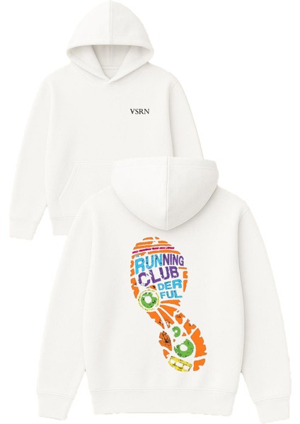 Runnıng Club Tasarım Baskılı Oversize Beyaz Kapüşonlu Sweatshirt