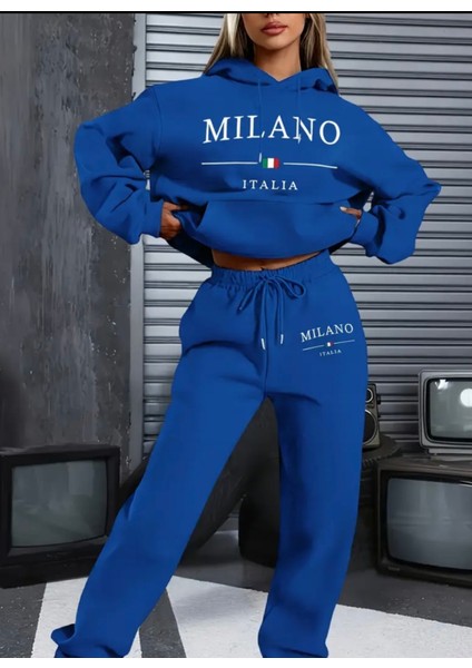 Büyük Beden Özel Tasarım Kapüşonlu Milano Baskılı %100 Pamuk Kışlık Modern Kadın Eşofman Takımı