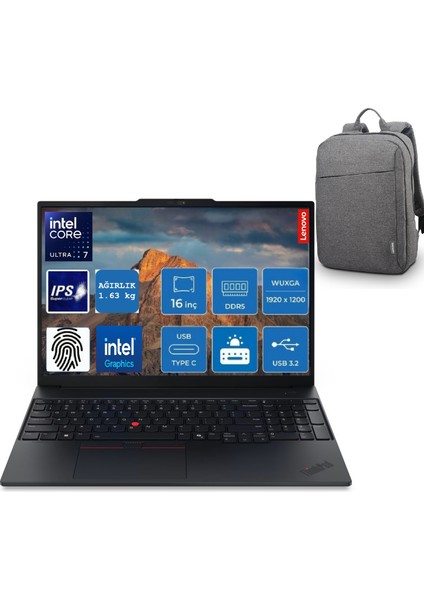 Thinkpad E16 21SR0076TX Ultra 7 265U 16GB 512GB SSD Intel 16 Wuxga Freedos Dizüstübilgisayar