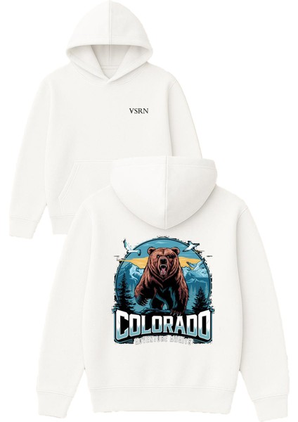 Colorado Tasarım Baskılı Oversize Beyaz Kapüşonlu Sweatshirt