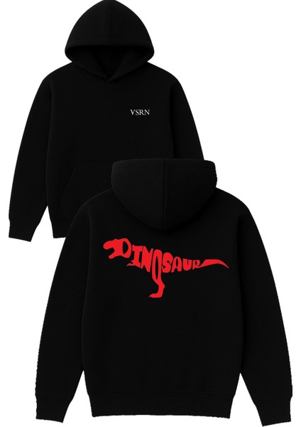 Dınosaur Tasarım Baskılı Oversize Siyah Kapüşonlu Sweatshirt