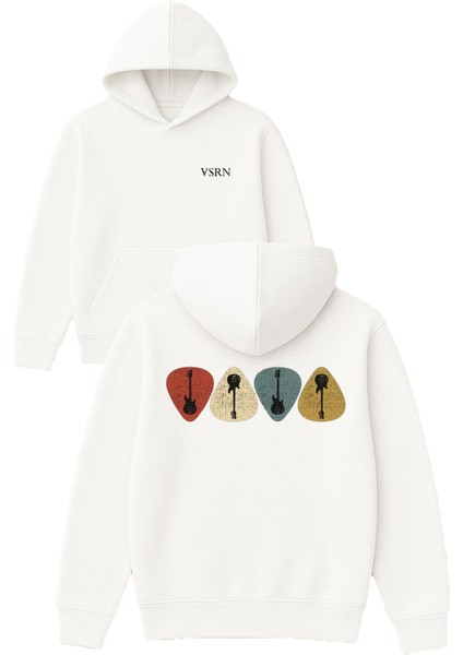Gitar Çalgı Pena Tasarım Baskılı Oversize Beyaz Kapüşonlu Sweatshirt