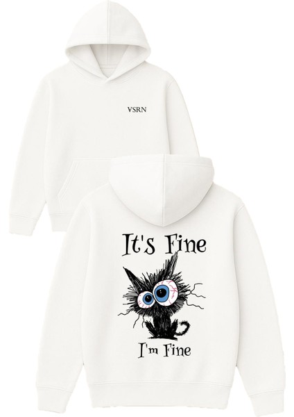 Its Fine Im Fine Tasarım Baskılı Oversize Beyaz Kapüşonlu Sweatshirt