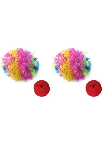 2x Kırmızı Köpük Palyaço Burun + Masquerade Cosplay Süslü Elbise Için Çok Renkli Palyaço Peruk (Yurt Dışından)