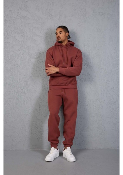 Şardonlu Kanguru Cepli Sweatshirt - 3 İplik Şardonlu Lastik Paça Erkek Eşofman Altı- Eşofman Takımı - Kiremit